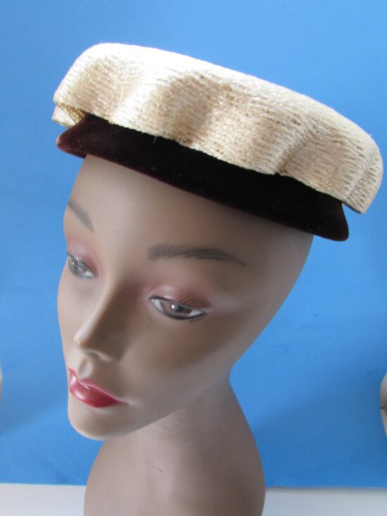 Handsome Vintage Hat White Wavy Crown Brown Velvet Brim main image 5